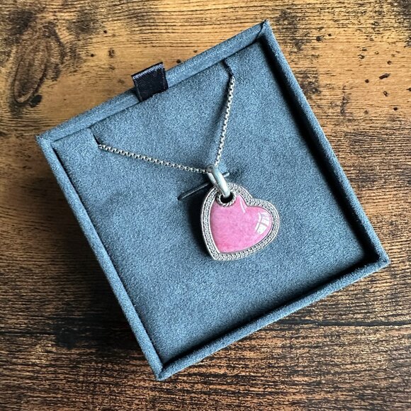 David Yurman Large Pink Heart Pendant Necklace w/ Rhodonite & White Diamonds 18" - Picture 3 of 16